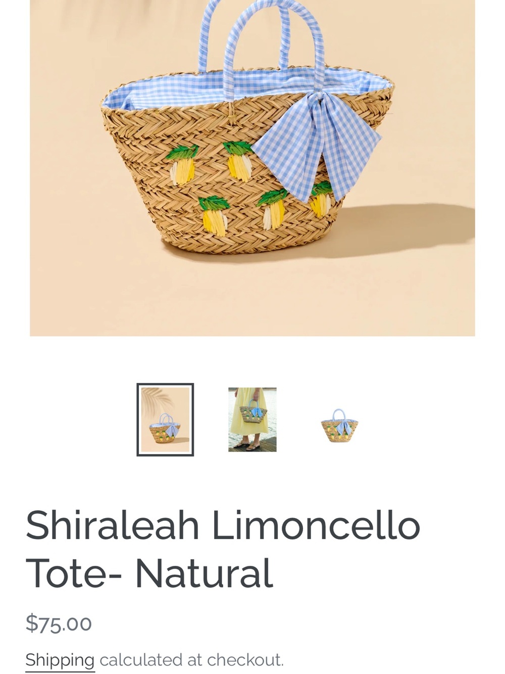 Shiraleah Natural Straw Tote with Blue Gingham Trim and lemon Motif